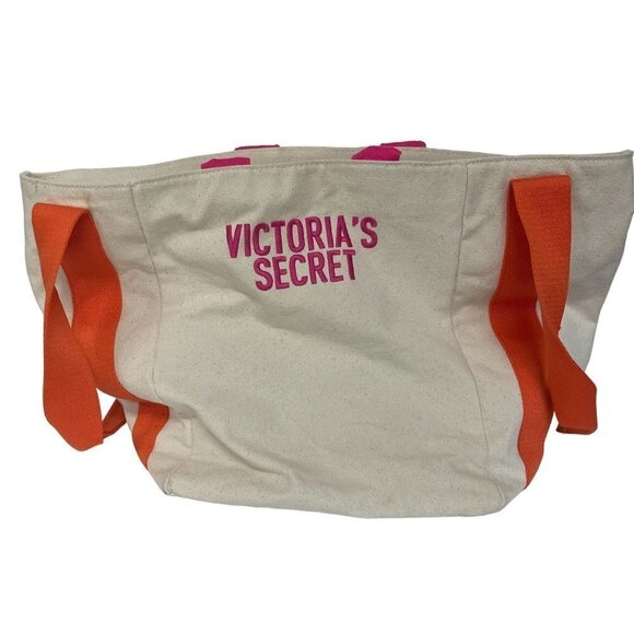 Victoria’s Secret Orange Pink Beige Canvas Beach Tote Bag - Picture 1 of 5